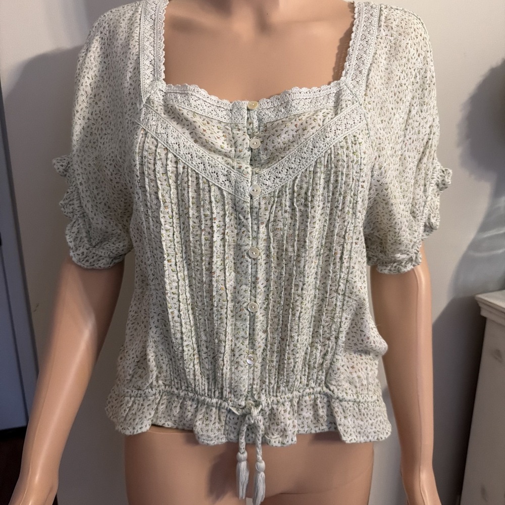 Lucky Brand Women's Square Neck Blouson Sleeve Blouse Top Size L Babydoll